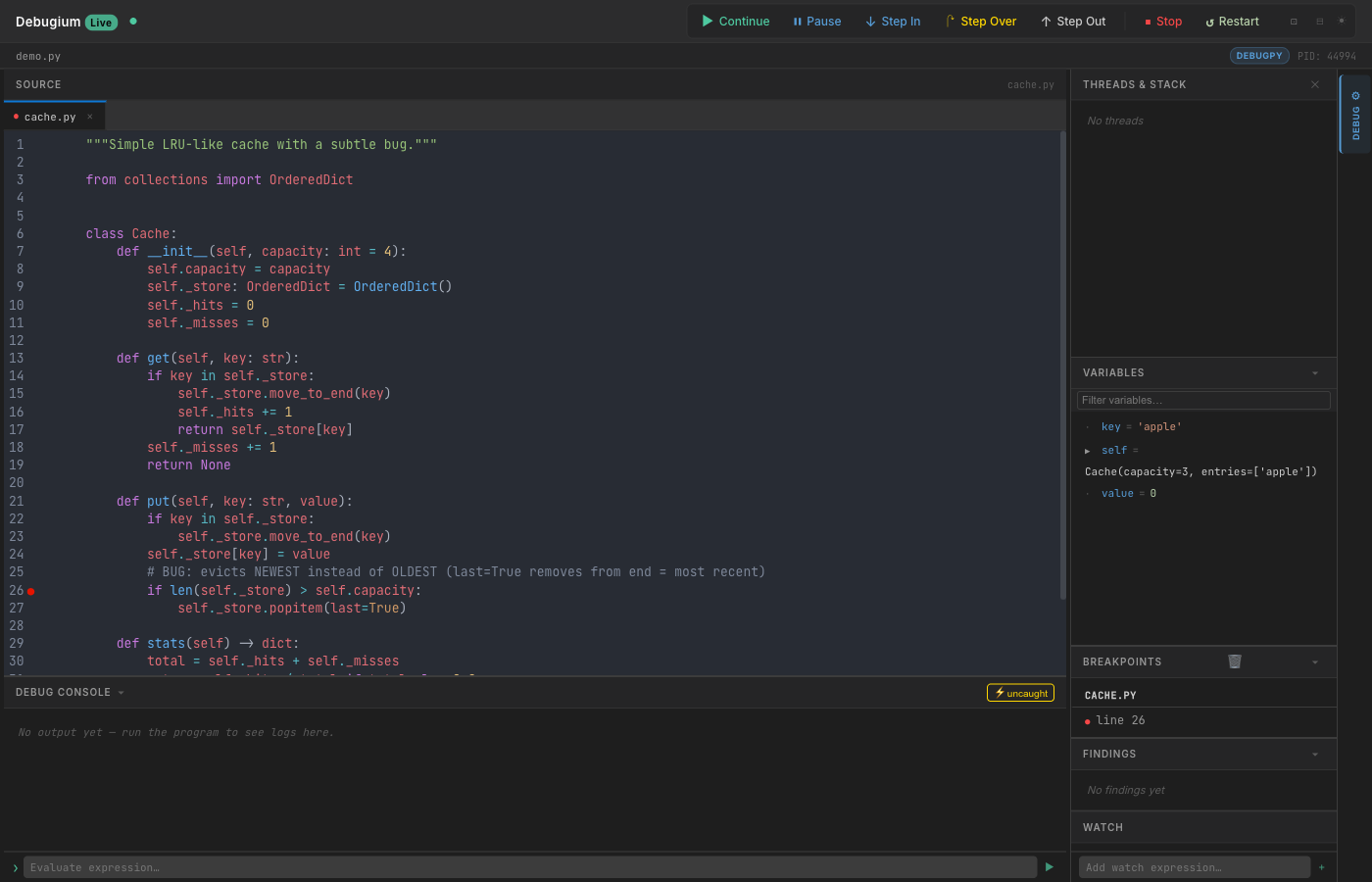 Debugium UI — paused at a breakpoint, variables panel, findings panel, and execution timeline visible