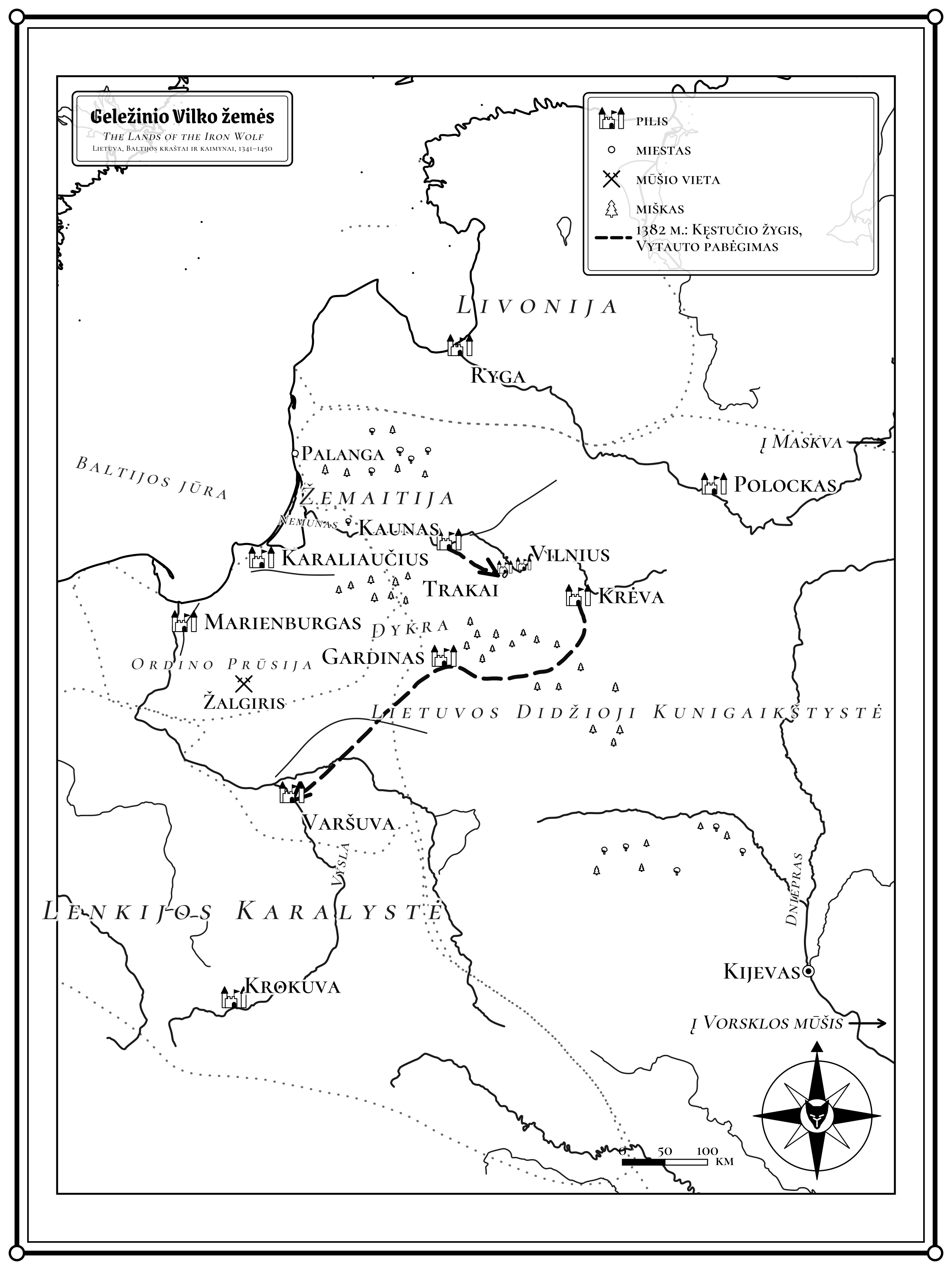 Žemėlapis: Lietuva, Prūsija, Livonija ir Lenkija 1341–1450 metais. Vilnius, Trakai, Krėva ir Kaunas šiaurės vakarų Lietuvoje, Marienburgas ir Karaliaučius Ordino Prūsijoje pajūryje, Ryga Livonijoje, Varšuva ir Krokuva Lenkijoje, Polockas, Smolenskas ir Kijevas rytuose. Punktyrinė linija rodo 1382 metų Kęstučio žygį ir Vytauto pabėgimą.