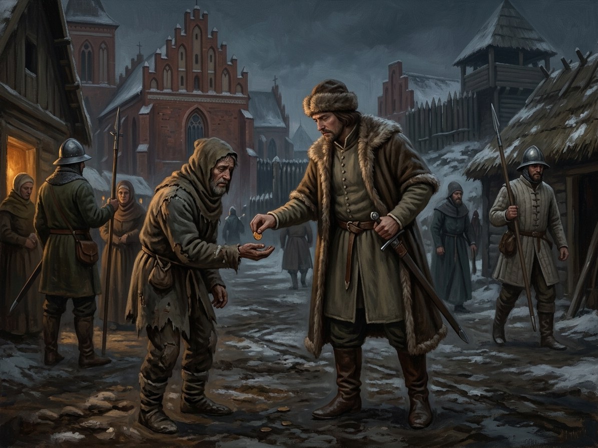 Goštautas gives the warm coin to a beggar