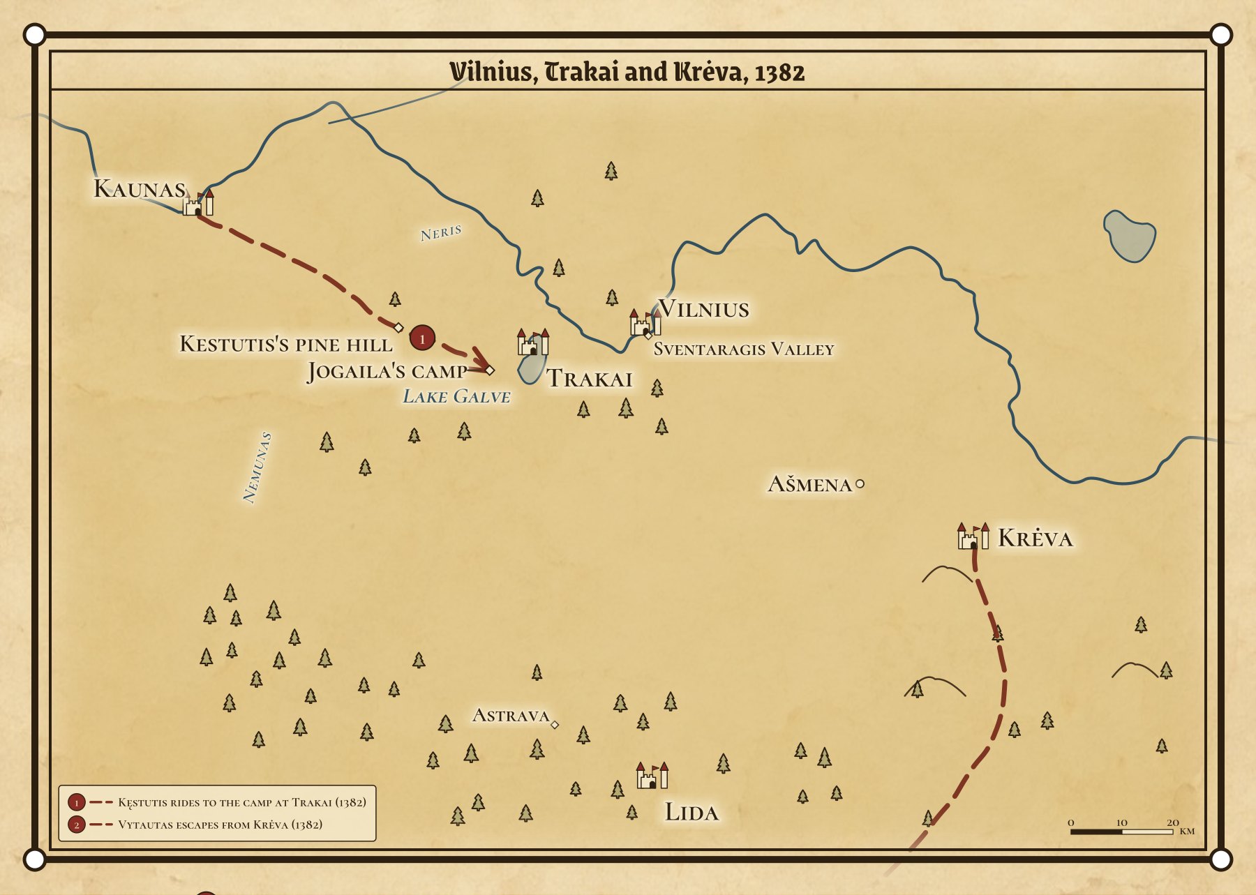 Large-scale map of the country around Vilnius and Trakai. Kestutis's pine hill and Jogaila's camp lie west of Trakai on Lake Galve; a dashed line (1) runs from Kaunas to the camp; a second dashed line (2) runs from Kreva south into the forests, well clear of Lida, Vytautas's escape. Each named place with a wiki page is a link.