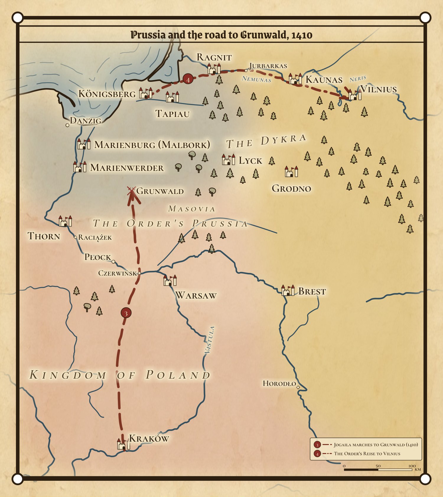 Large-scale map of Prussia, Masovia and southern Lithuania. A dashed line (3) runs from Kraków north through Czerwinsk on the Vistula to Grunwald; a second line (4) follows the Order's Reise from Koenigsberg along the Nemunas through Ragnit, Jurbarkas and Kaunas to Vilnius. Each named place with a wiki page is a link.